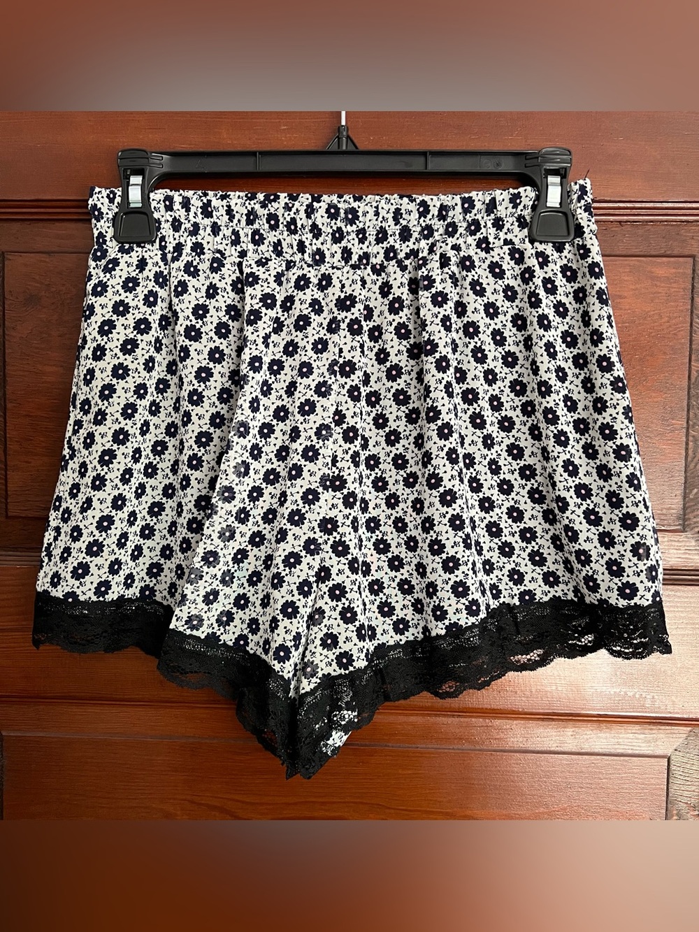 Lush Navy Floral Elastic Waist Shorts with lace trim (small)